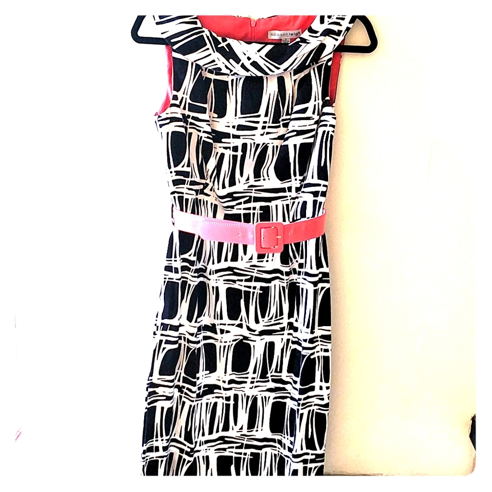 Madison Leigh black and white dress w/ coral belt